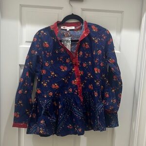 Blue and Red Floral Peplum Blouse with Long Sleeves